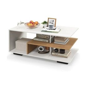Rectangular Coffee Table with L-shaped Middle Shelf-White - Color: White