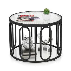 24 Inch Round Coffee Table with Reeded Tempered Glass Top and Oval Swivel Brackets-Black - Color: Black - Size: 24 inches