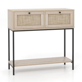 Rattan Console Table Boho Entryway Table with 2 Rattan Drawers and Open Storage Shelf-Oak - Color: Oak