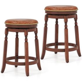 24 Inch Swivel Bar Stool Set of 2 with Upholstered Seat and Rubber Wood Frame-24 inches - Size: 24 inches