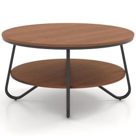 33.5 Inch Round Coffee Table with Wood Grain Finish and Heavy-duty Metal Frame-Walnut - Color: Walnut