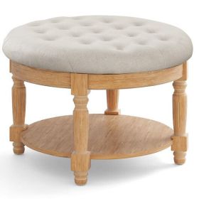 29 Inch Large Round Ottoman Coffee Table 2-Tier Upholstered Tufted Footrest Ottoman with Flip-up Top-Beige - Color: Beige