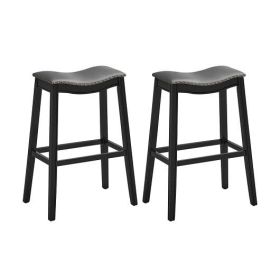 29 Inch Set of 2 Backless Wood Nailhead Barstools with PVC Leather Seat-Black - Color: Black