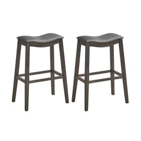 29 Inch Set of 2 Backless Wood Nailhead Barstools with PVC Leather Seat-Gray - Color: Gray