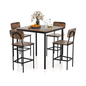 5 Pieces Industrial Dining Table Set with Counter Height Table and 4 Bar Stools-Coffee - Color: Coffee