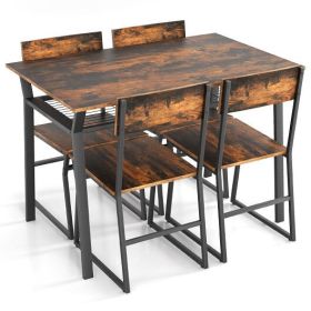 5 Piece Dining Table Set with Storage Rack and Metal Frame-Coffee - Color: Coffee