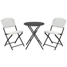3 Pieces Patio Rattan Bistro Set with Round Dining Table and 2 Chairs - Color: Black & White