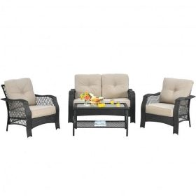 4 Pieces Patio Wicker Furniture Set Loveseat Sofa Coffee Table with Cushion-Beige - Color: Beige