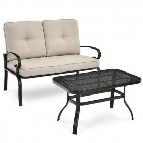 2 Pieces Patio Loveseat Bench Table Furniture Set with Cushioned Chair-Beige - Color: Beige