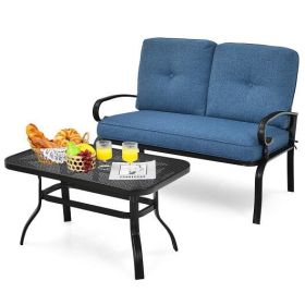 2 Pieces Patio Loveseat Bench Table Furniture Set with Cushioned Chair-Blue - Color: Blue