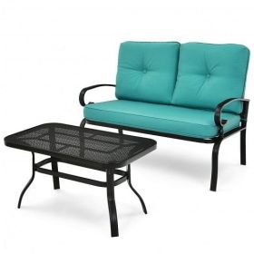 2PCS Patio Loveseat Bench Table Furniture Set with Cushioned Chair-Turquoise - Color: Turquoise