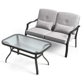 Outdoor Loveseat Chair Set with Tempered Glass Coffee Table - Color: Gray