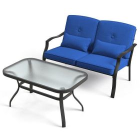 Outdoor Loveseat Chair Set with Coffee Table and Seat Back Cushions-Navy - Color: Navy