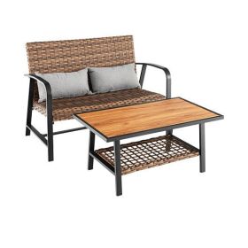 2 Pieces Patio Rattan Coffee Table Set with Shelf and Quick Dry Cushion - Color: Brown