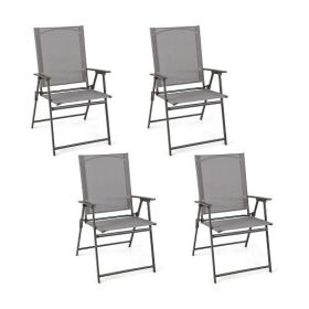 Set of 4 Patio Folding Chair Set with Rustproof Metal Frame-Gray - Color: Gray