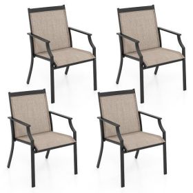 4 Piece Patio Dining Chairs Large Outdoor Chairs with Breathable Seat and Metal Frame-Coffee - Color: Coffee