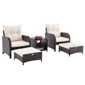 5 Piece Patio Conversation Set Outdoor Rattan Sofa Set with Coffee Table-Beige - Color: Beige