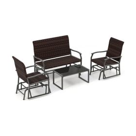 4 Piece Patio Gliding Set Wicker Swing Glider Furniture Set All Weather witrh Tempered Glass Coffee Table-Brown - Color: Brown