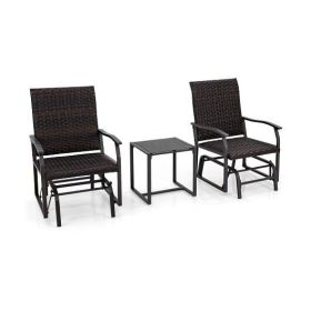 3 Piece Patio Gliding Set with Tempered Glass Coffee Table All Weather-Brown - Color: Brown