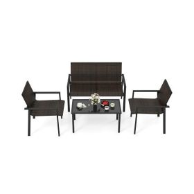 4 Pieces Patio Furniture Set with Heavy Duty Galvanized Metal Frame-Brown - Color: Brown