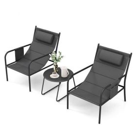 3 Piece Outdoor Bistro Set Patio Metal Chair and Coffee Table Set-Gray - Color: Gray