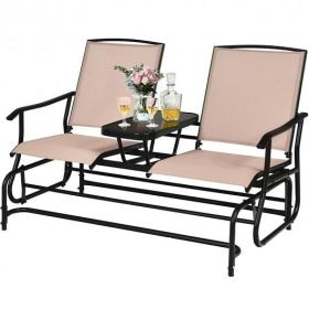 2-Person Double Rocking Loveseat with Mesh Fabric and Center Tempered Glass Table-Brown - Color: Brown