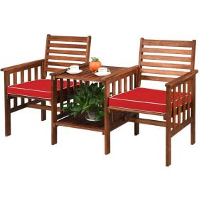 3 pcs Outdoor Patio Table Chairs Set Acacia Wood Loveseat-Red - Color: Red