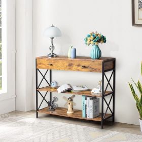 3 Tier Console Table for Entryway with Drawer and 2 Open Storage, Industrial Sofa Table with Storage for Living Room, Narrow Console Table with X Desi