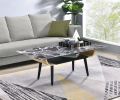 Landon 47" Coffee Table with Glass Black Marble Texture Top and Bent Wood Design