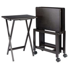 Wood Allen 5-Pc Snack Table Set;  Storage Rack;  Coffee Finish