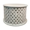 28 Inch Artisanal Round Mango Wood Coffee Table, Intricate Diamond Lattice Cut Out Frame, Washed White