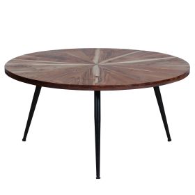 31 Inch Round Mango Wood Coffee Table, Sunburst Design, Tapered Iron Legs, Brown, Black