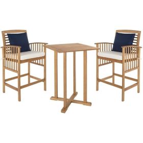 SAFAVIEH Outdoor Collection Pate Natural/ White Cushions/ Navy Pillows 3-Piece Bar Table Bistro Set