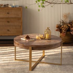 33.86"Modern Retro Splicing Round Coffee Table,Fir Wood Table Top with Gold Cross Legs Base(Same SKU:W757126236)