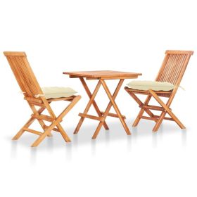 3 Piece Bistro Set with Cream White Cushions Solid Teak Wood