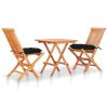 3 Piece Bistro Set with Black Cushions Solid Teak Wood