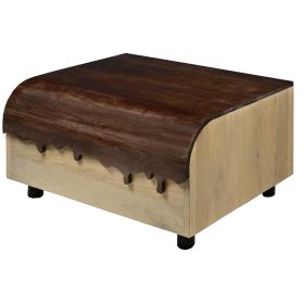 36 Inch Modern Mango Wood Coffee Table, Drip Design Walnut Brown Surface, Oak White Frame