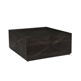 38 Inch Handcrafted Mango Wood Square Coffee Table, Artisanal Carved Mesh Base, Black