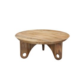 36 Inch Round Coffee Table, Handcrafted Grooved Edge Top, Natural Brown Mango Wood