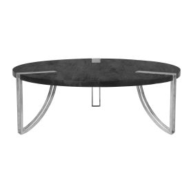35 Inch Round Coffee Table, Sandblasted Matte Black Mango Wood Top, Curved Aluminium Legs, Antique Silver