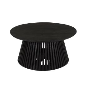 Ridge 32 Inch Handcrafted Round Coffee Table, Mango Wood, Slatted Flared Base, Black