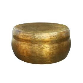 32 Inch Artisanal Round Drum Coffee Table, Hammered Embossed Texturing, Aluminum, Antique Brass