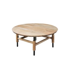 34 Inch Round Coffee Table, Handcrafted Natural Brown Mango Wood with Black Iron Legs