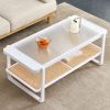 Modern minimalist white double layered solid wood coffee table. Glass tabletop