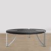 35 Inch Round Coffee Table, Sandblasted Matte Black Mango Wood Top, Curved Aluminium Legs, Antique Silver