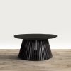 Ridge 32 Inch Handcrafted Round Coffee Table, Mango Wood, Slatted Flared Base, Black