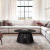 Ridge 32 Inch Handcrafted Round Coffee Table, Mango Wood, Slatted Flared Base, Black