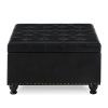Large square storage ottoman with wooden legs, Upholstered button tufted coffee table with nail trims for Living Space, Black