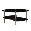 Black Oval glass coffee table, modern table in living room Oak wood leg tea table 3-layer tempered glass table