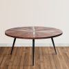 31 Inch Round Mango Wood Coffee Table, Sunburst Design, Tapered Iron Legs, Brown, Black